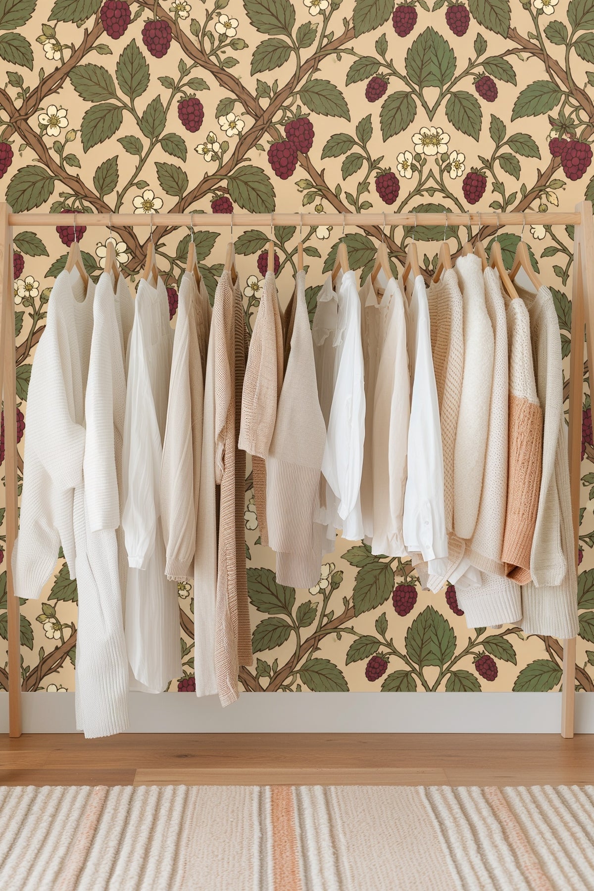 Full wall application of Mulberry Trellis wallpaper in a modern room setting.