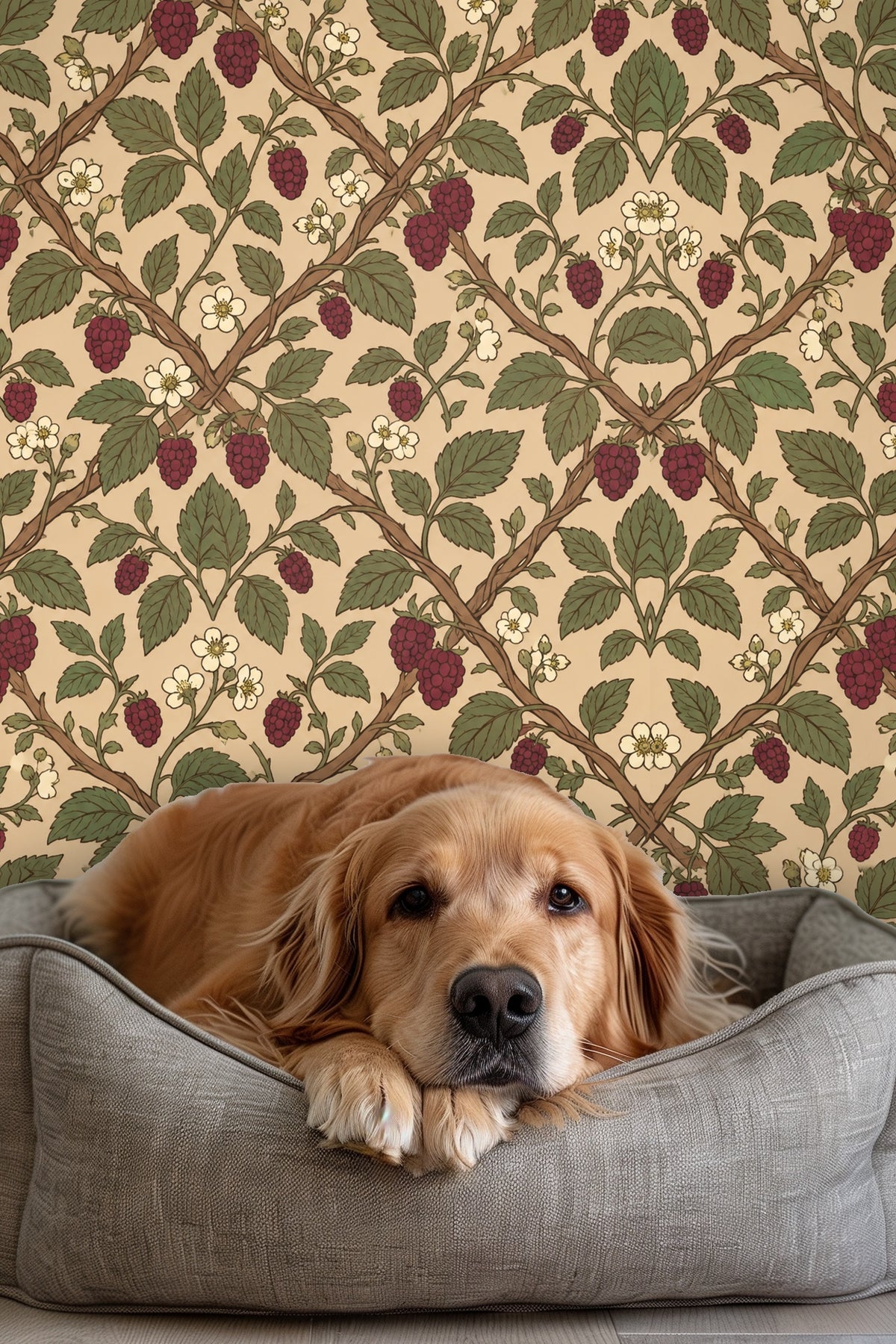 Muted beige background with vibrant raspberry motifs in wallpaper.