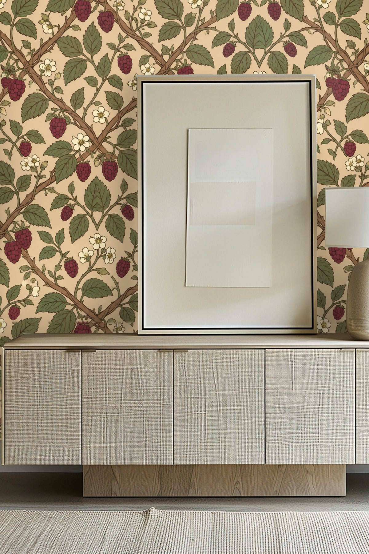 Pattern repeat demonstration of Mulberry Trellis wallpaper.