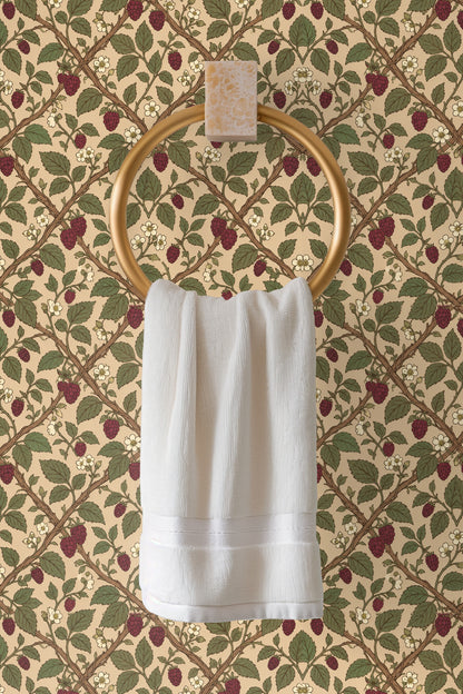 Corner perspective showing Mulberry Trellis wallpaper meeting white trim.