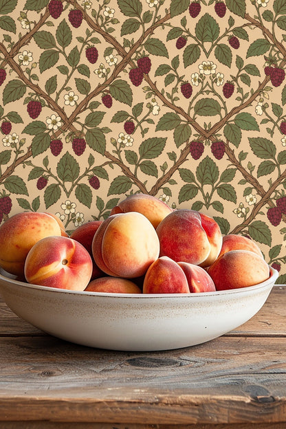 Close-up of raspberry clusters and white flowers in Mulberry Trellis wallpaper.