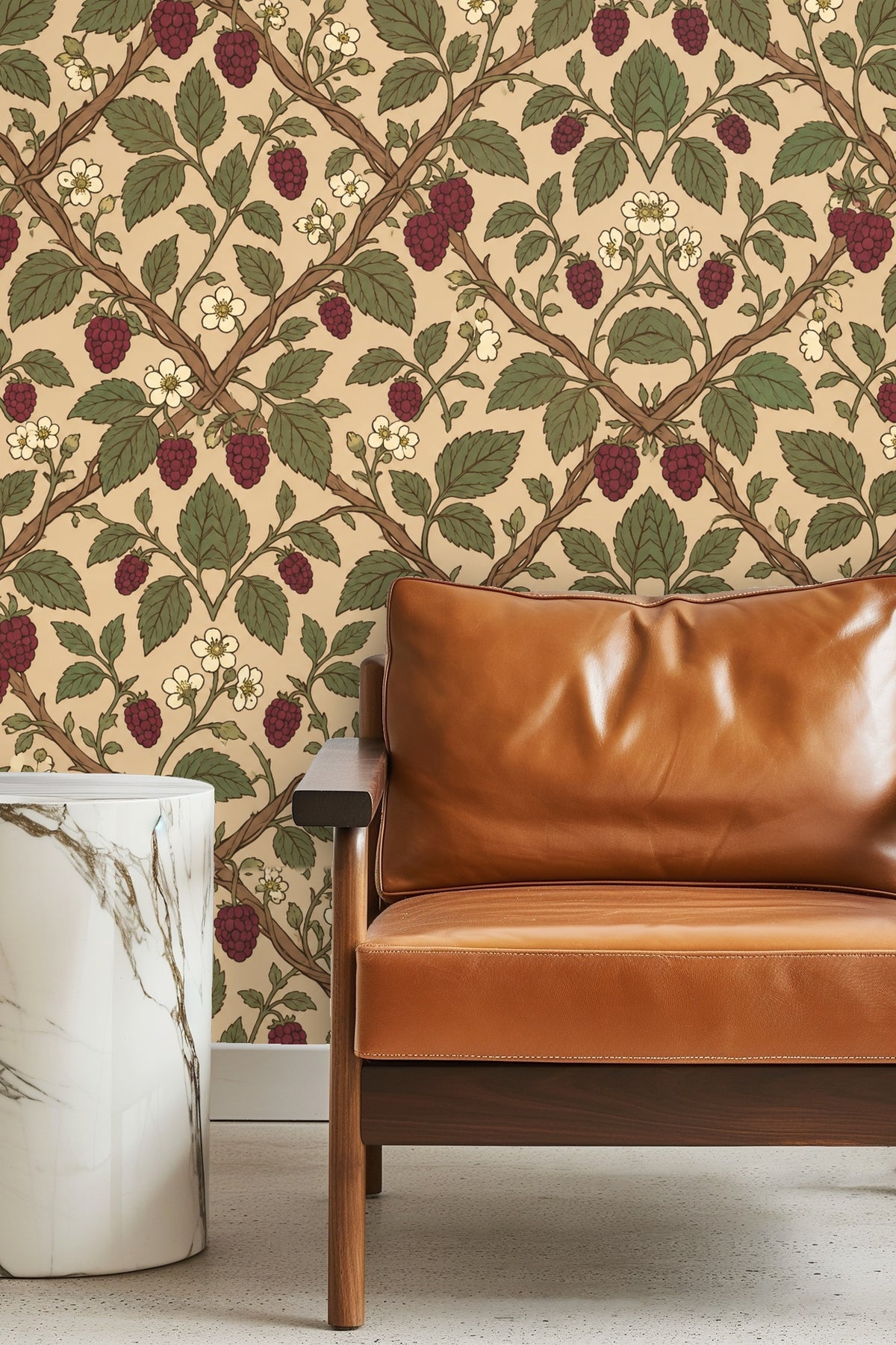 Bedroom interior featuring Mulberry Trellis wallpaper behind bed with two windows and wood floors.