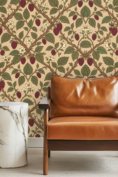 Bedroom interior featuring Mulberry Trellis wallpaper behind bed with two windows and wood floors.