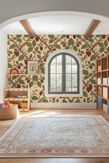 Green leaves and brown branches forming lattice pattern on Mulberry Trellis wallpaper.