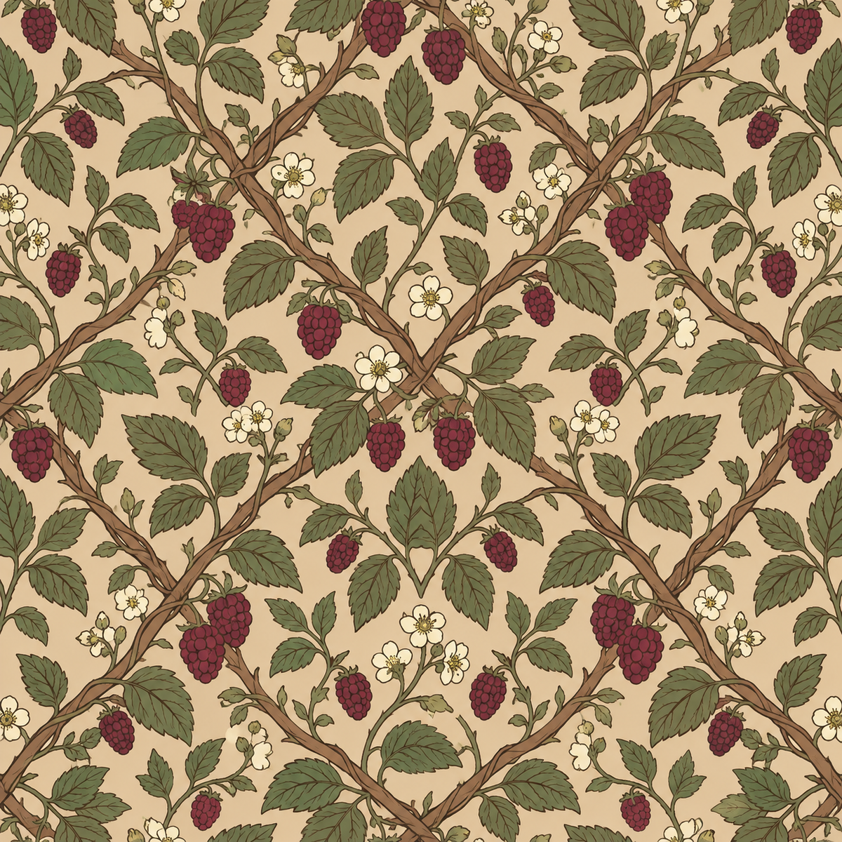 Soft, warm lighting highlighting the colors and details of Mulberry Trellis wallpaper.