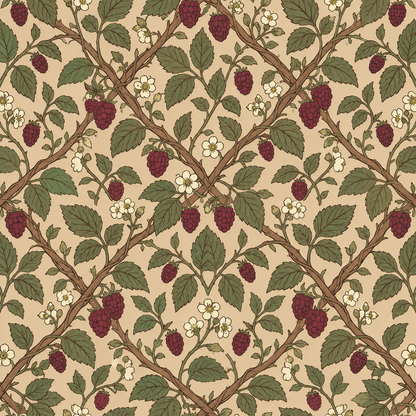Soft, warm lighting highlighting the colors and details of Mulberry Trellis wallpaper.
