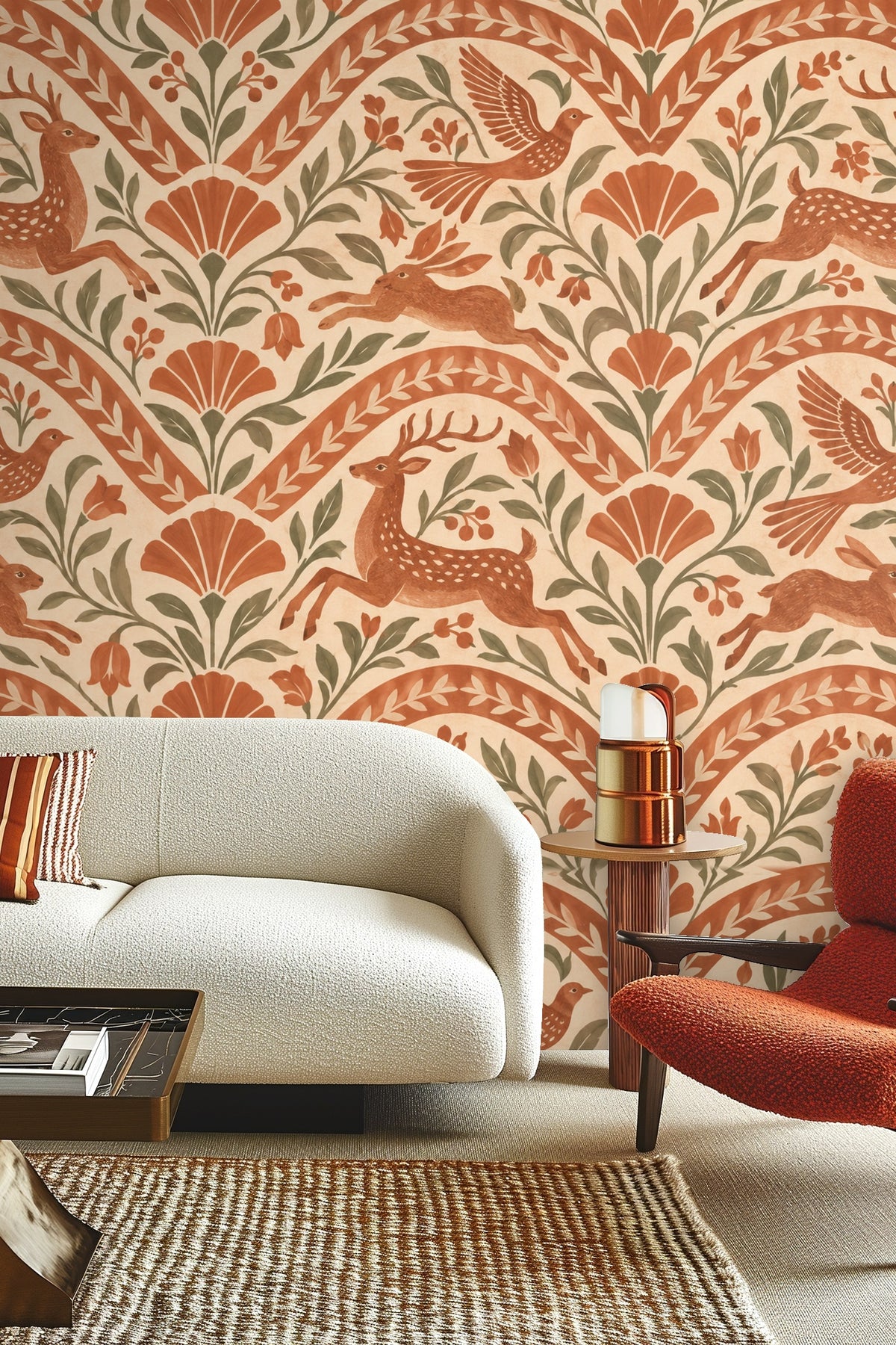 Vertical strip of wallpaper showing curved leafy chevron and flower motifs