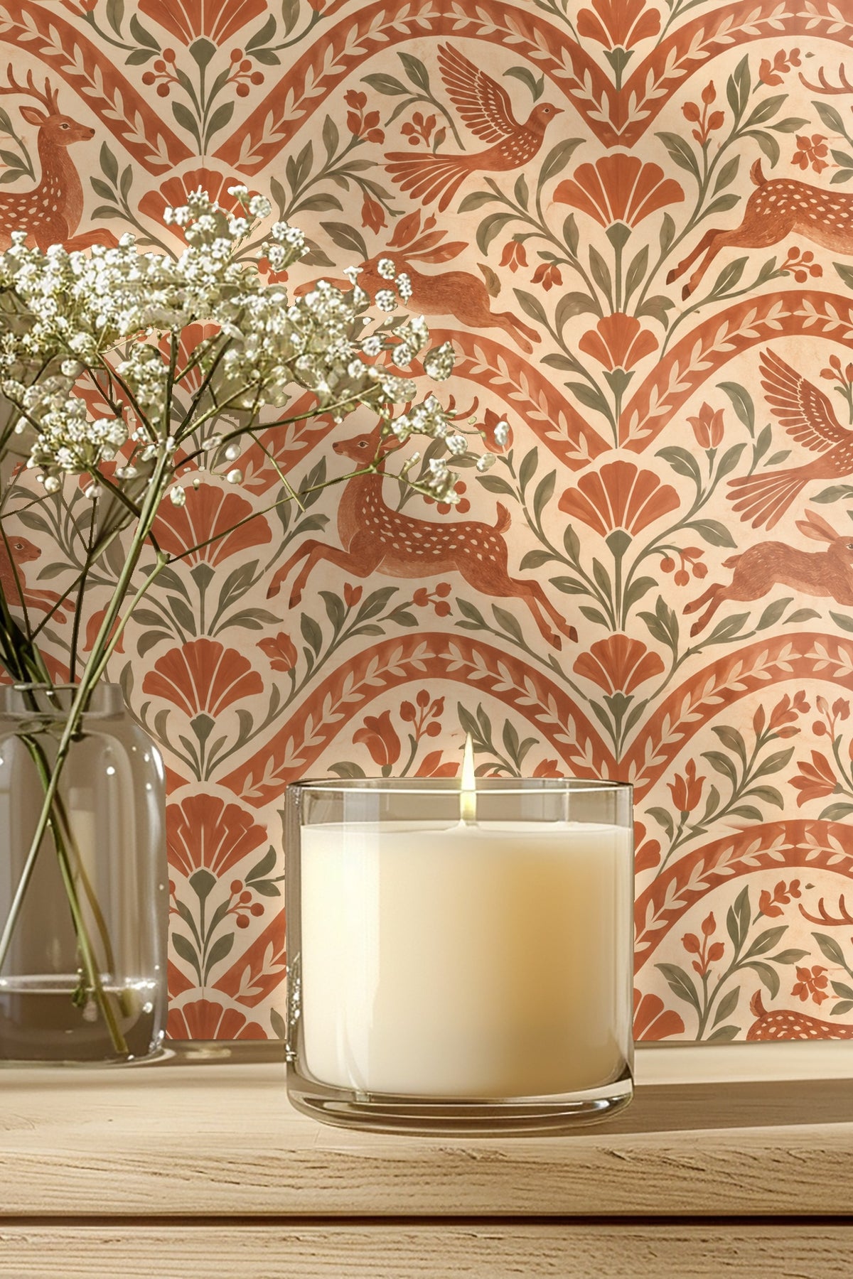 Terracotta wallpaper repeating pattern with leaping deer, birds, and hares framed by curved botanical arches