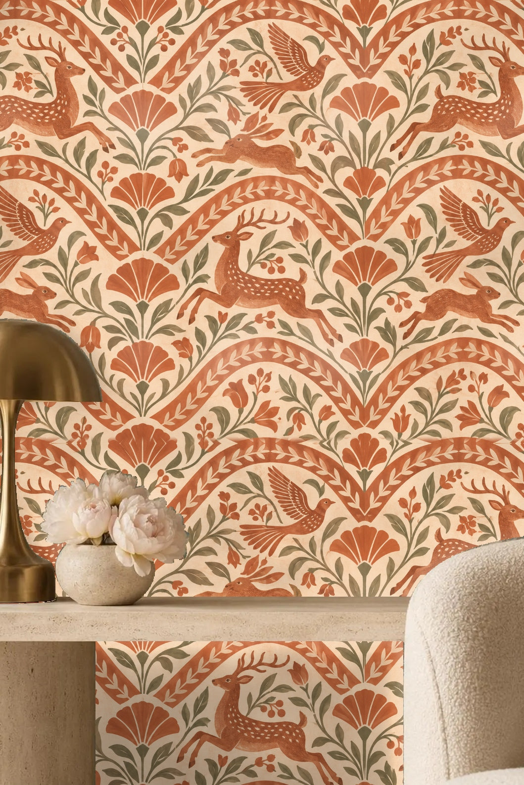 Leaping hare and floral pattern detail in warm terracotta shades