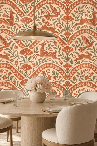 Bird motif section of wallpaper in terracotta and olive greens