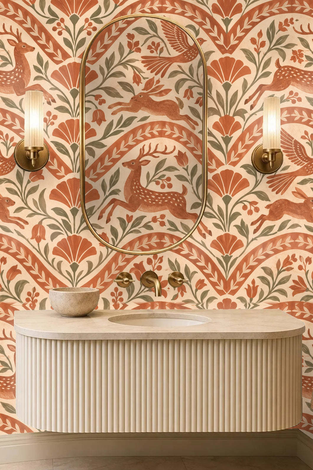 Patterned wallpaper showing repetition of birds in flight and flowering branches