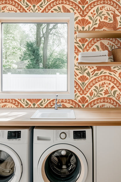 Arch-shaped botanical and wildlife pattern section in muted terracotta and green palette