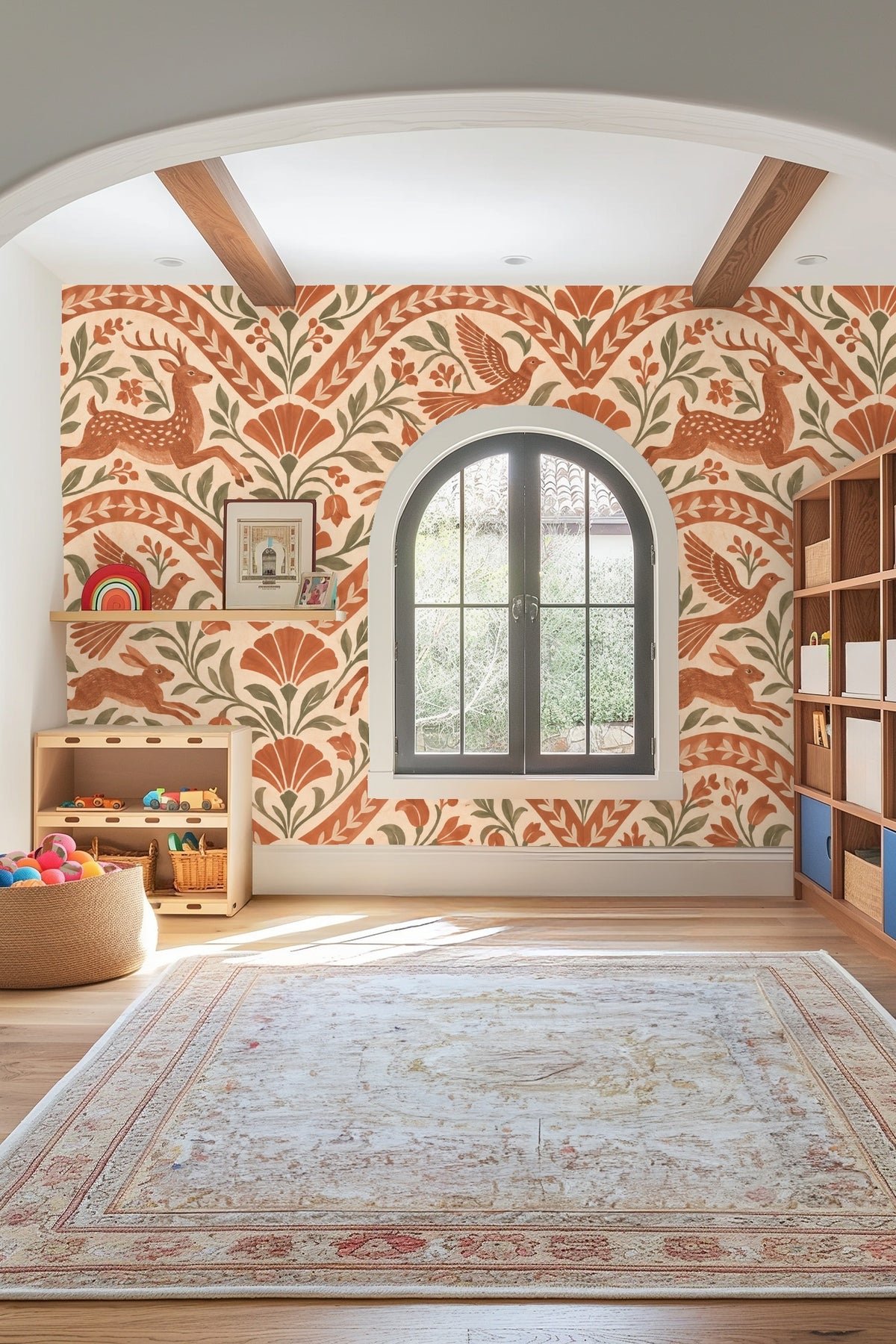 Full view of wallpaper with repeated deer, hare, bird, and botanical arches