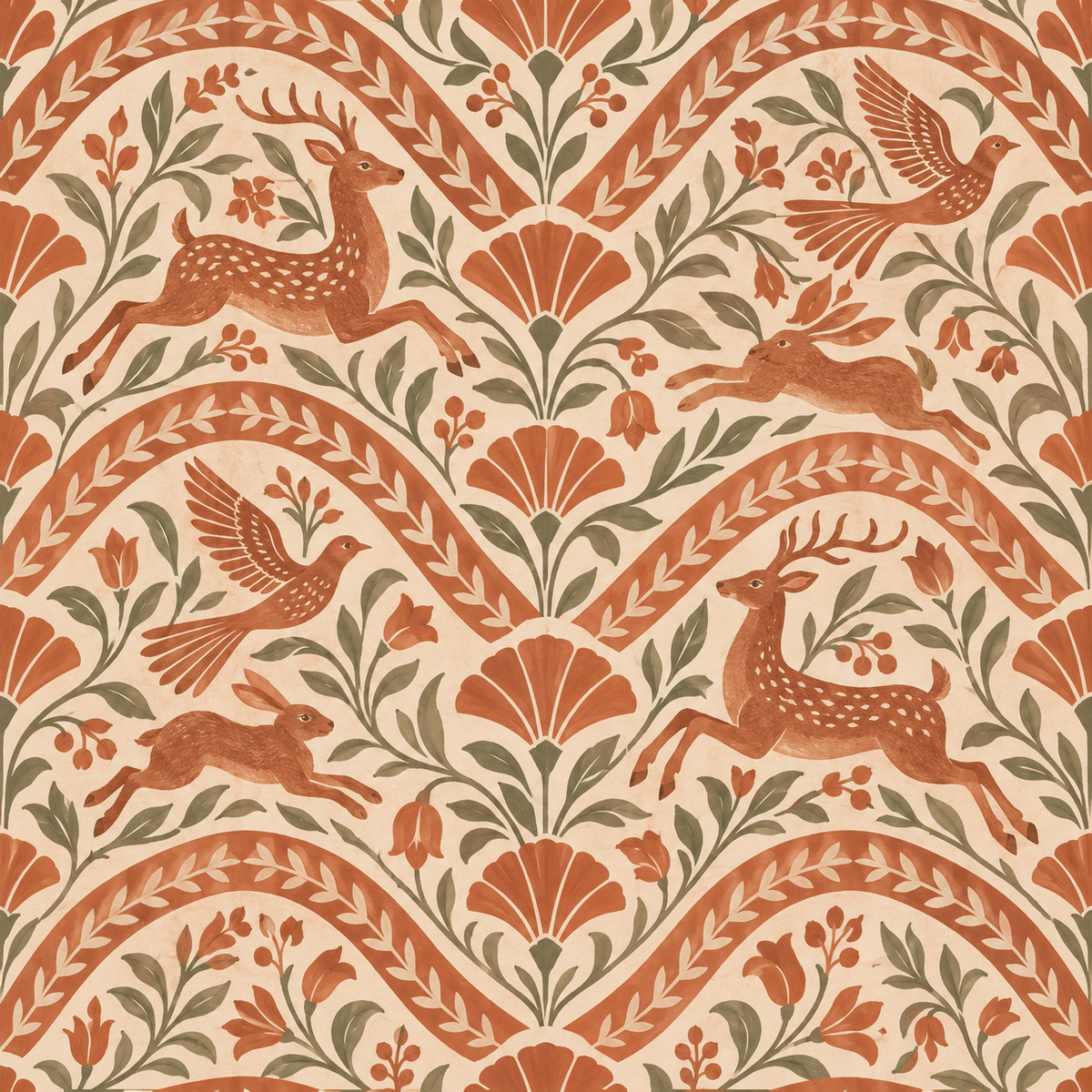 Wide shot of wallpaper with intertwined floral arches and woodland animals in terracotta
