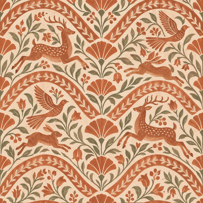 Wide shot of wallpaper with intertwined floral arches and woodland animals in terracotta