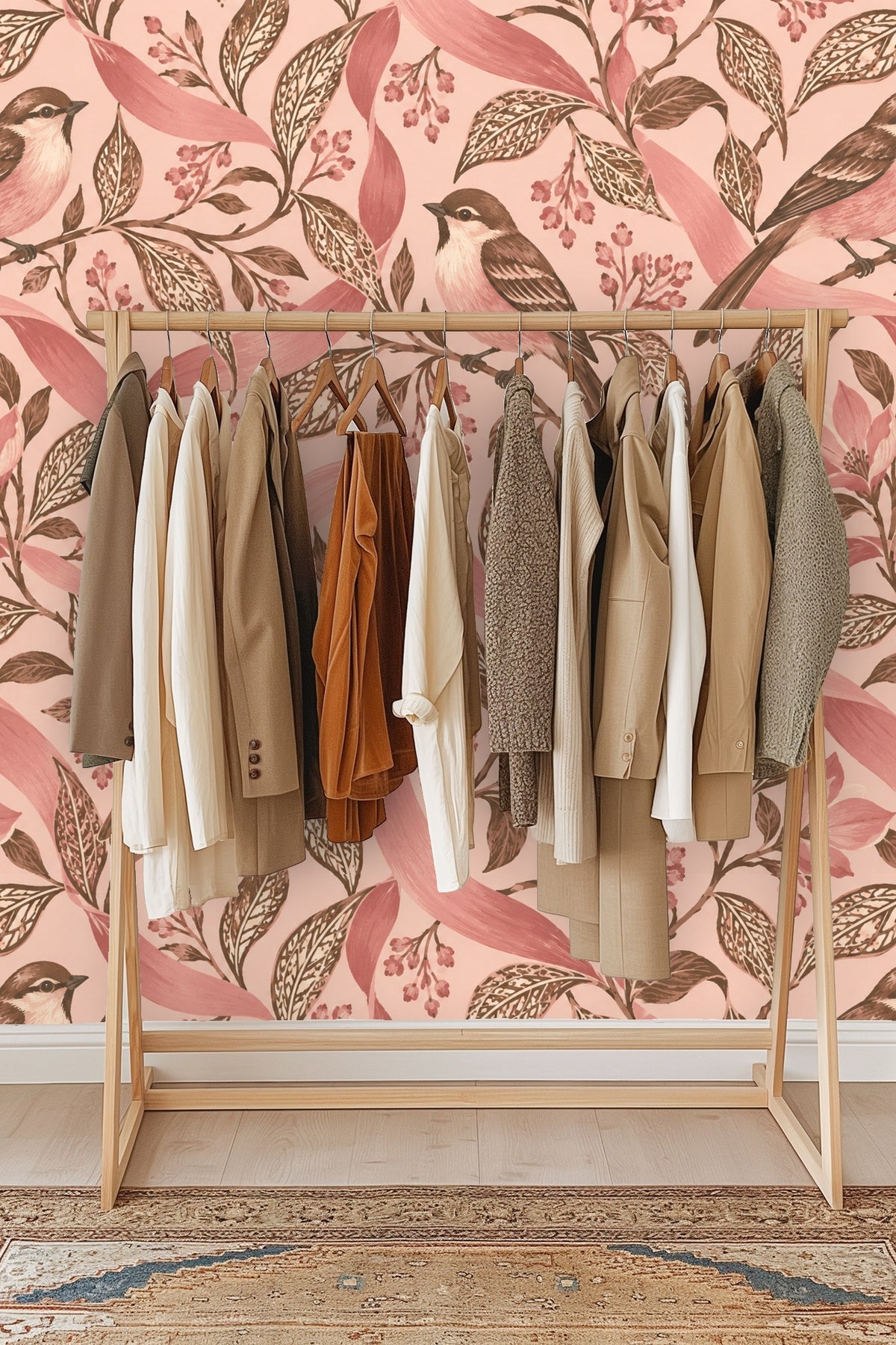 Three finches perched on intertwining leafy branches and blush pink ribbons wrapping among flowers.