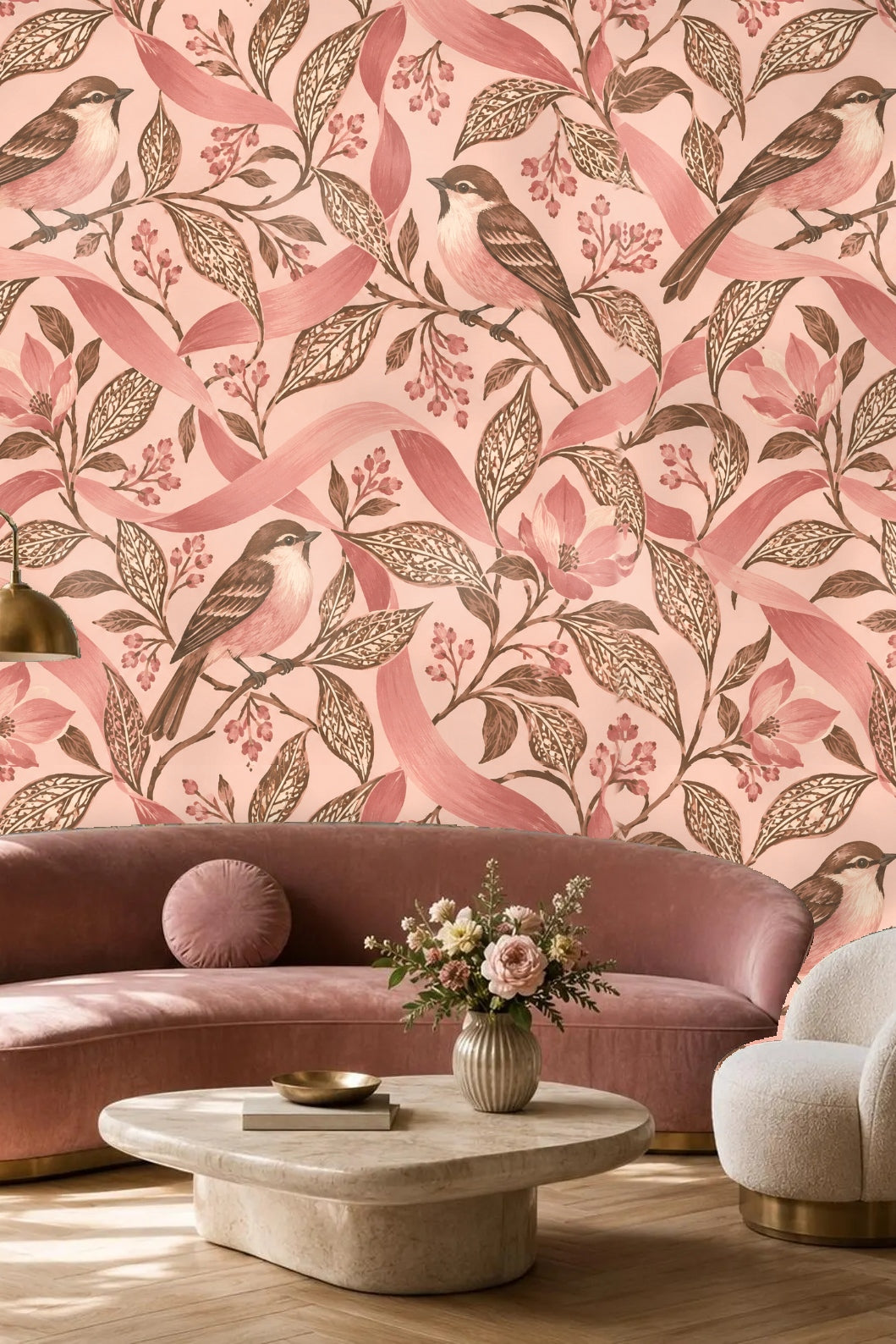 Open wood medicine cabinet against wallpaper with birds and floral ribbons in shell pink.