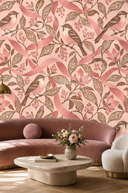 Open wood medicine cabinet against wallpaper with birds and floral ribbons in shell pink.