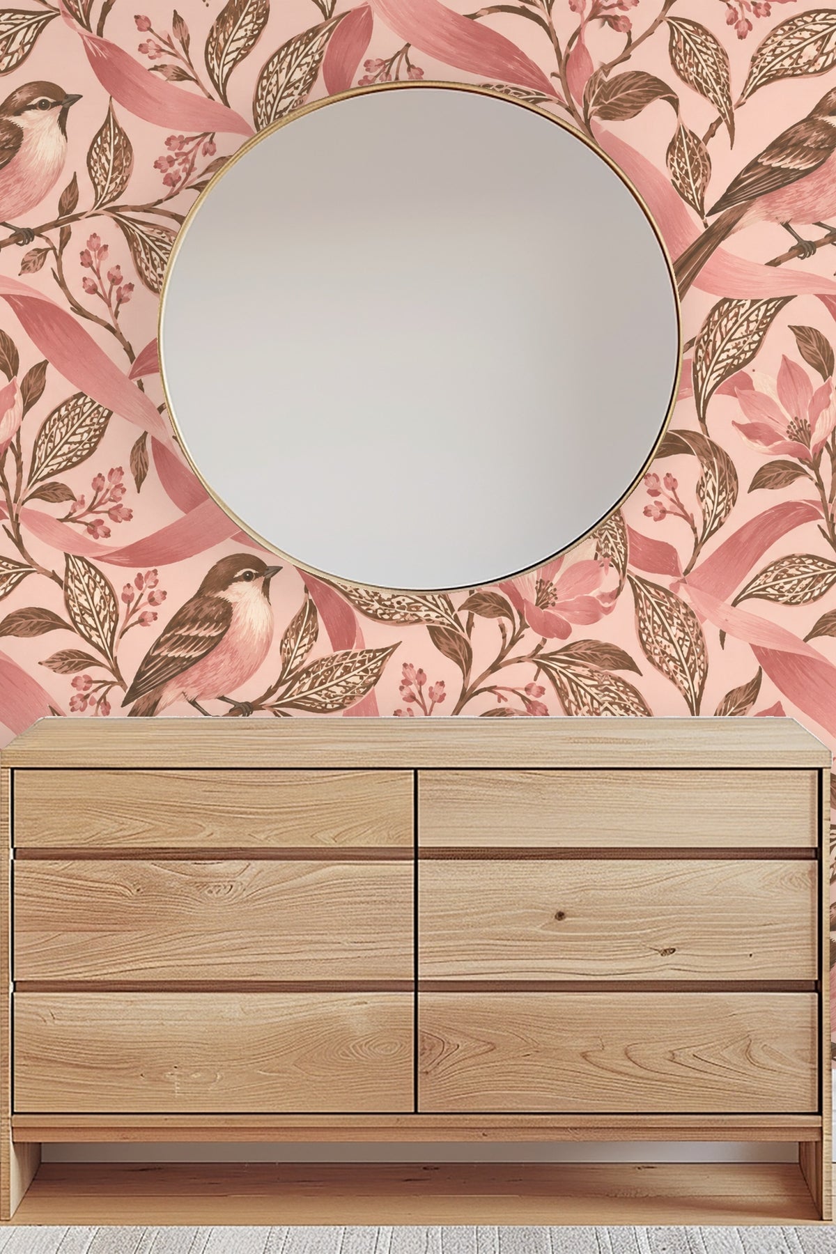 Bird perched with eye-catching plumage amidst botanical ribbon and leaf design.