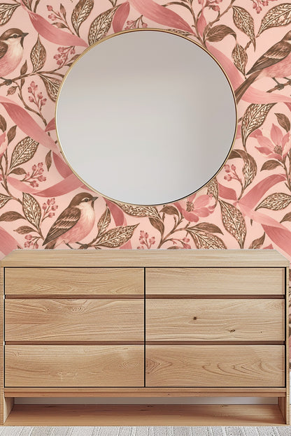 Bird perched with eye-catching plumage amidst botanical ribbon and leaf design.