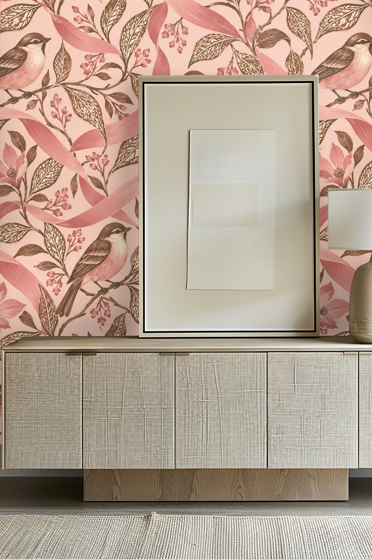Close-up of wallpaper showing detailed finch birds perched on leafy branches with pink floral accents.