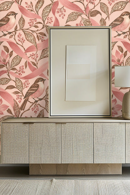 Close-up of wallpaper showing detailed finch birds perched on leafy branches with pink floral accents.