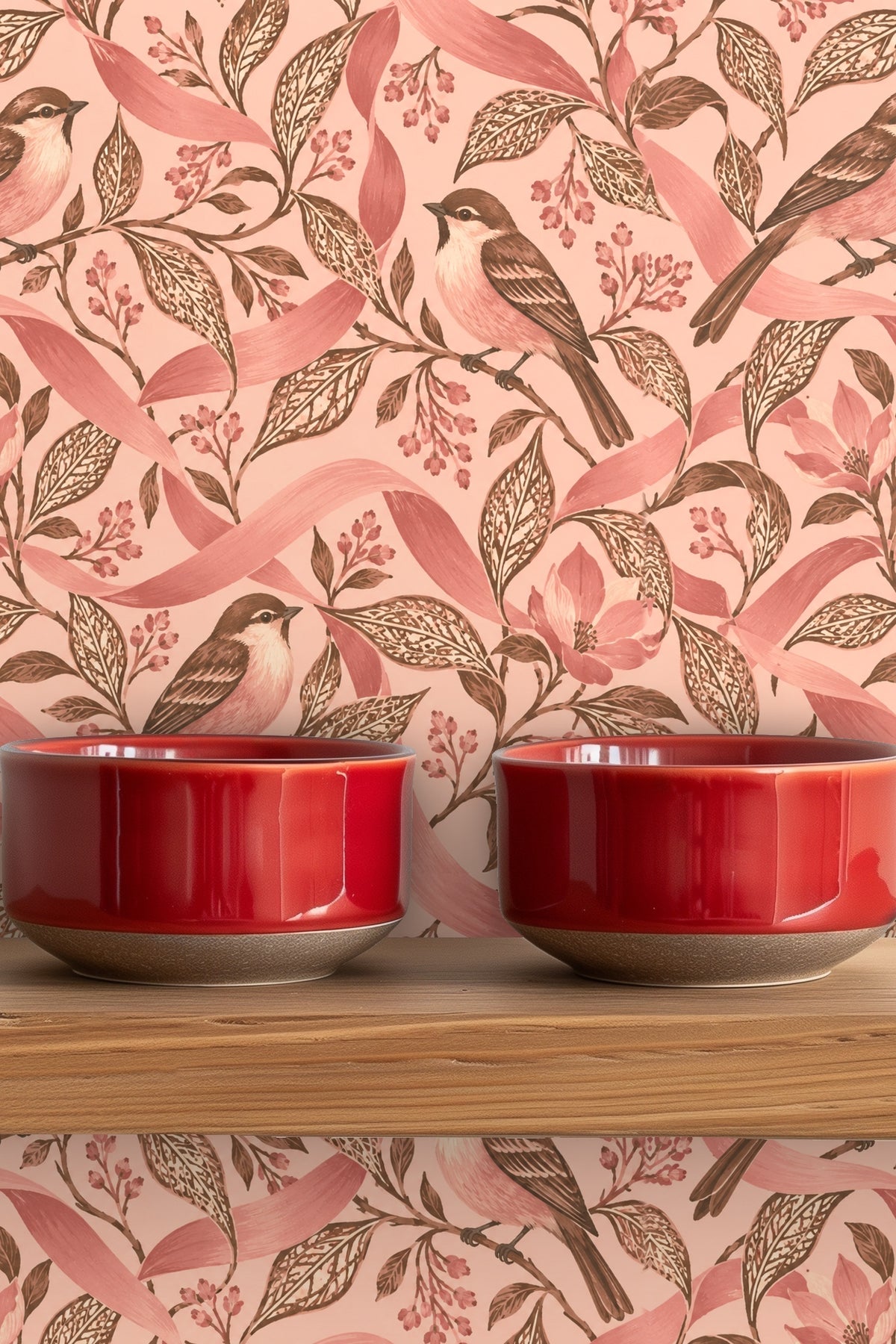 Soft pink floral blossom surrounded by brown detailed leaves and stems on wallpaper.