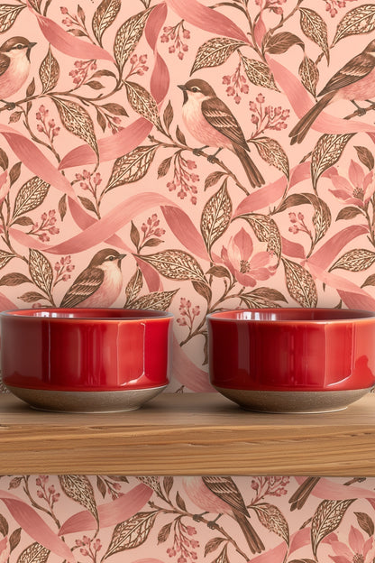 Soft pink floral blossom surrounded by brown detailed leaves and stems on wallpaper.