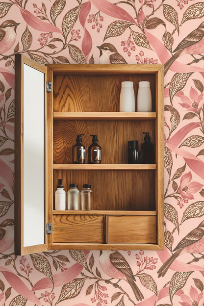 Wallpaper pattern with birds, flowing ribbons, and floral motifs in pink and brown hues.