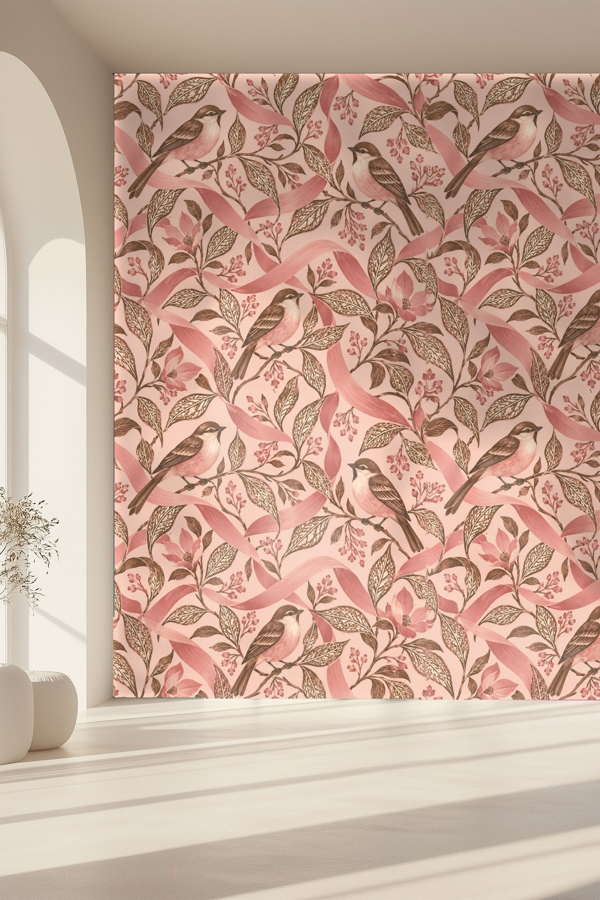 Pink ribbon like leaves flowing through leafy branches with small blossoms and birds.