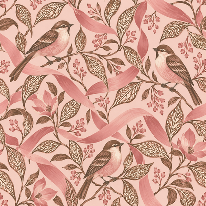 Artistic wallpaper featuring hand-drawn birds and flowers with warm, muted pinks and browns.