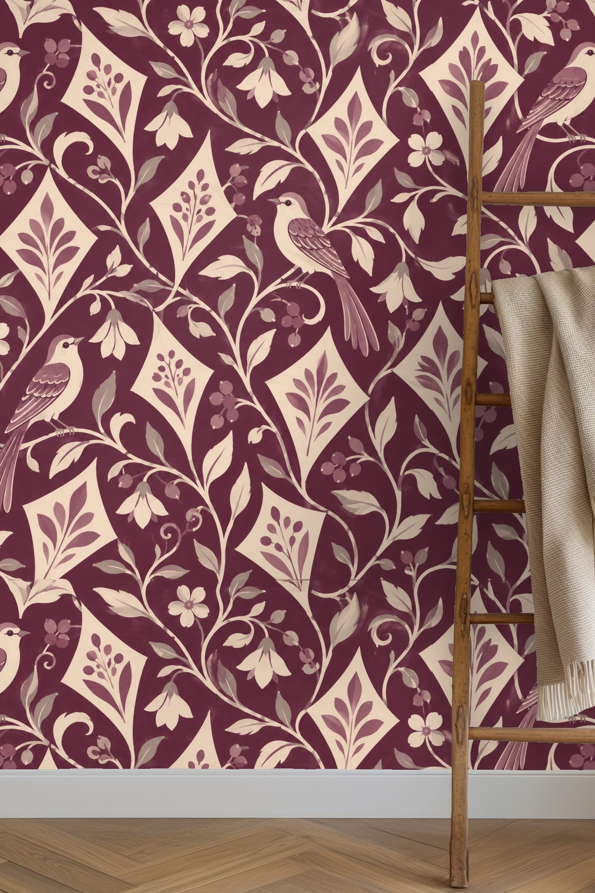 Close-up of wallpaper showing birds perched on intertwined vines and diamond-shaped botanical motifs in plum and cream colors.