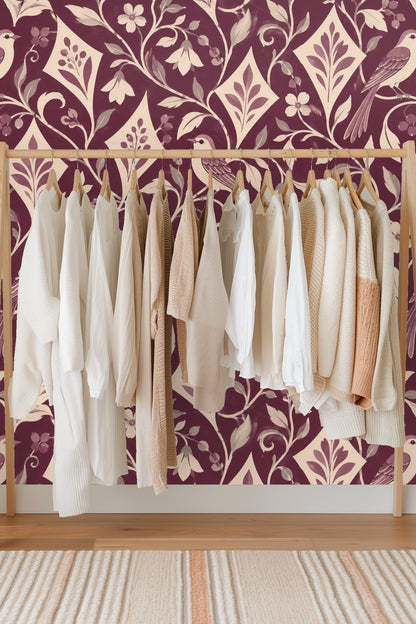 Full repeat of the pattern displaying diamond frames enclosing stylized foliage elements.