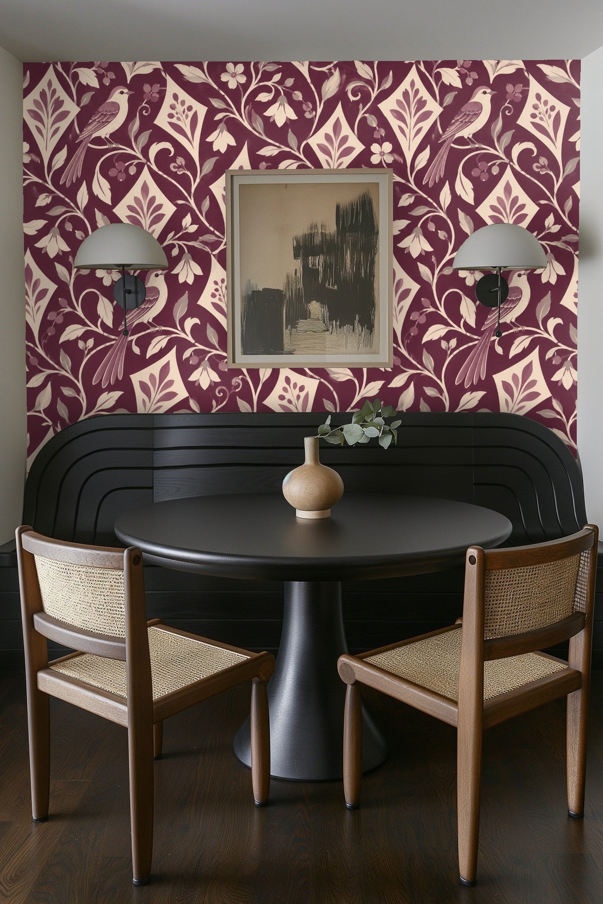 Soft shadow fall on wallpaper enhancing texture of plum and cream botanical design.