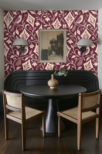 Soft shadow fall on wallpaper enhancing texture of plum and cream botanical design.