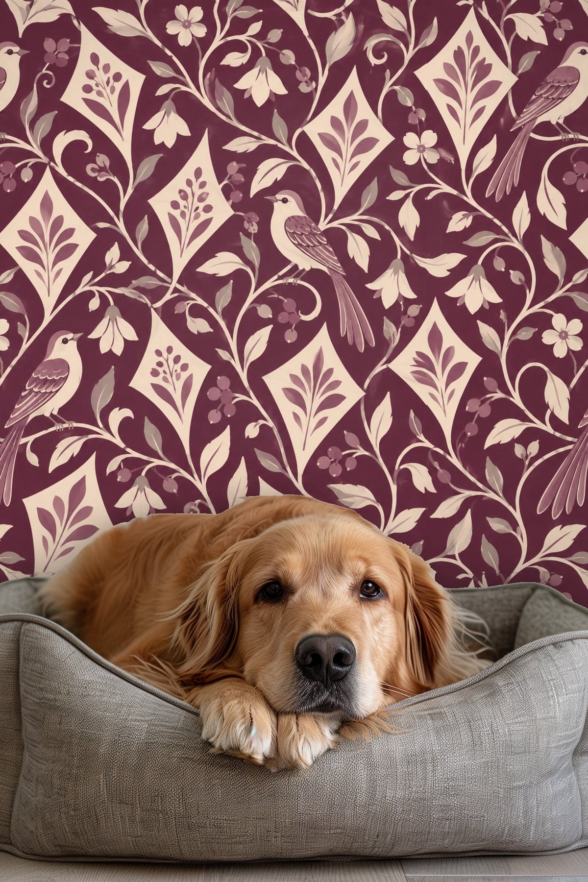 Wallpaper applied in a room with a wooden blanket ladder, showing scale and atmosphere of plum background and botanical pattern.