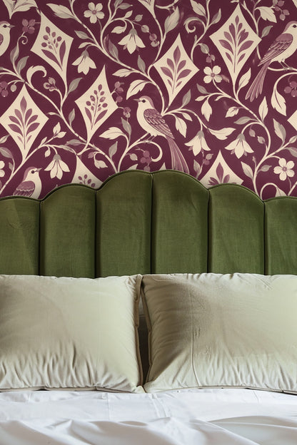 Wallpaper with natural light highlighting plum tone and off-white botanical outlines.