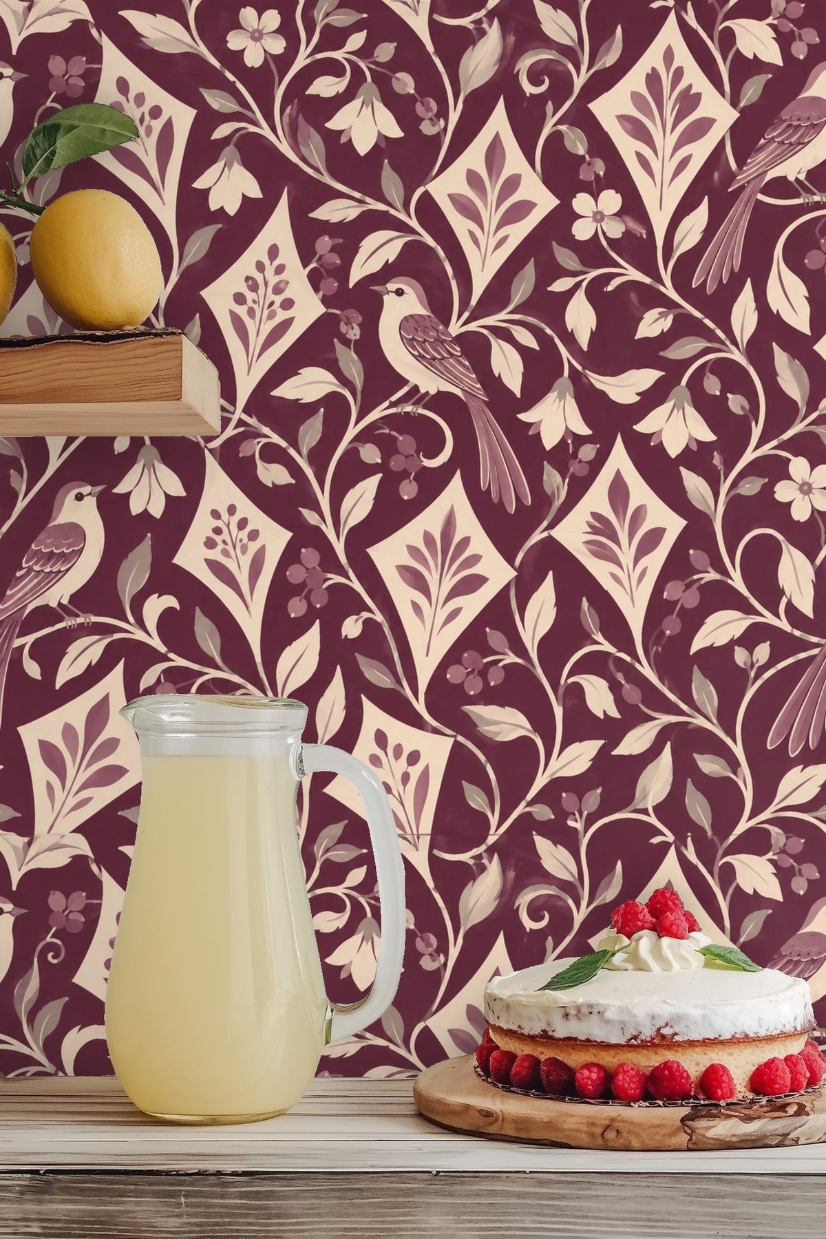 Decorative swirling vines weaving between diamond shapes and birds.