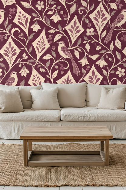 Wallpaper behind a resting golden retriever in a cozy bed, illustrating scale and domestic warmth of the pattern.