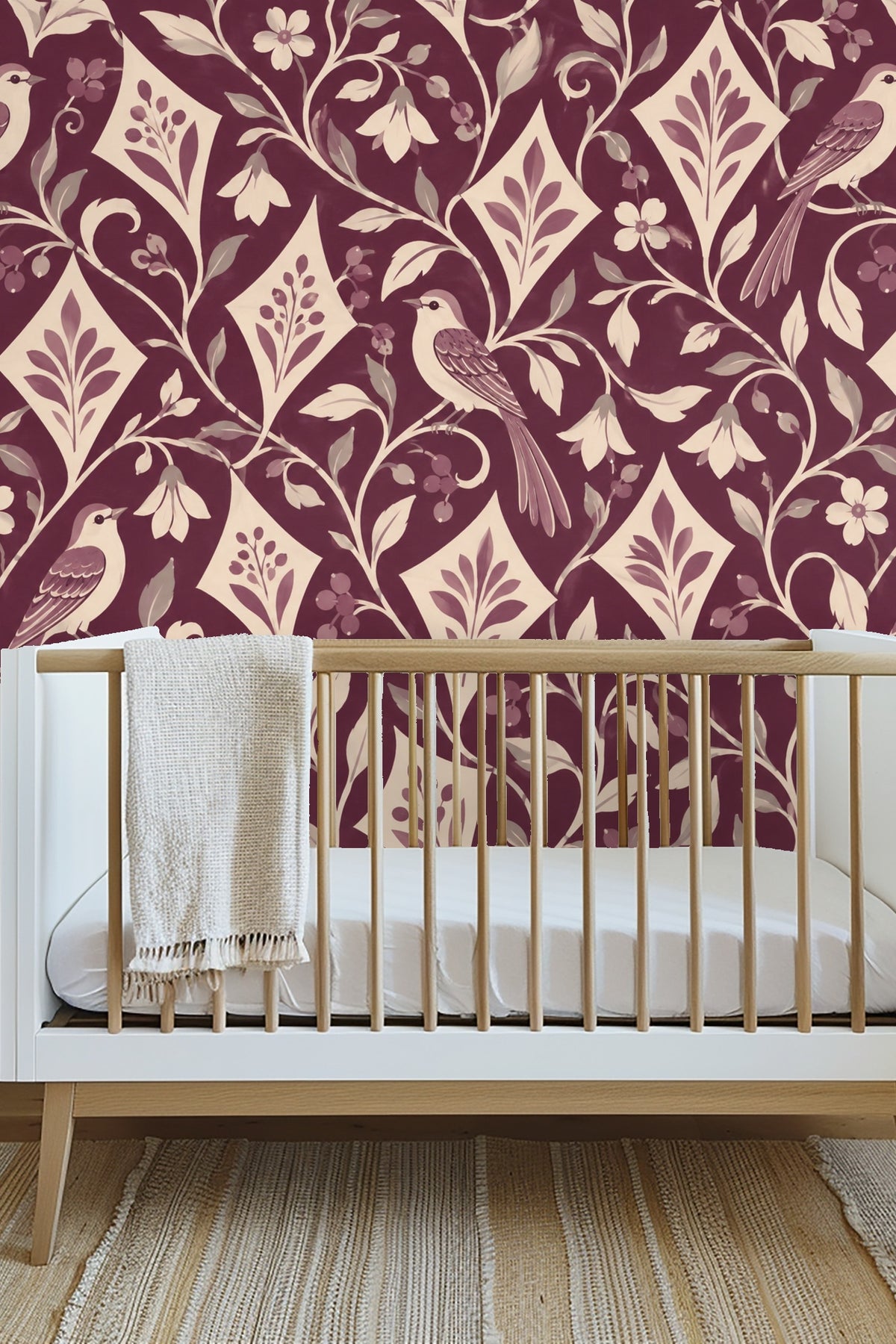 Pattern tile showing flowering buds and berries in muted mauve and cream.