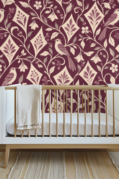 Pattern tile showing flowering buds and berries in muted mauve and cream.
