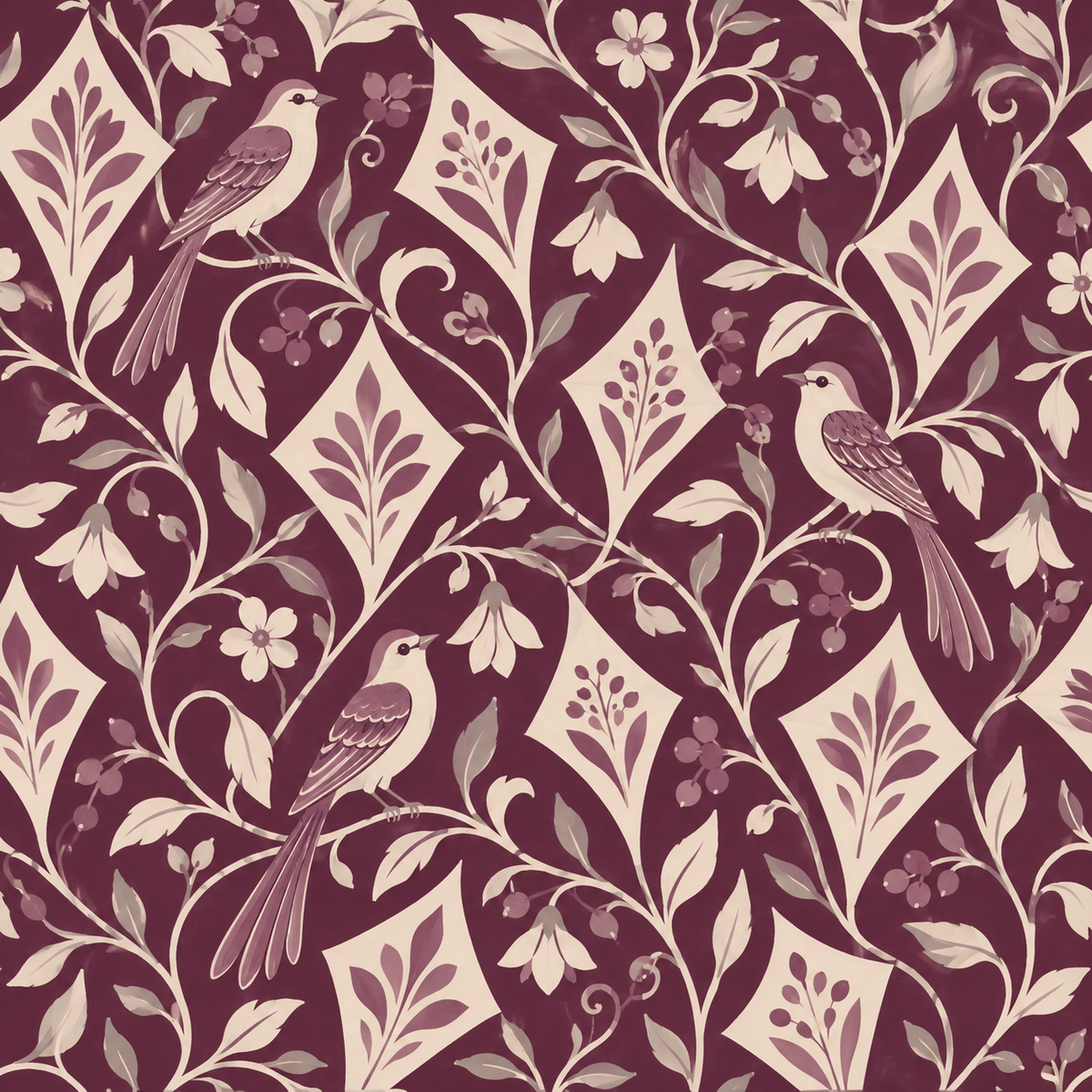 Overall pattern flow with repeated motifs of birds and floral diamonds on plum background.