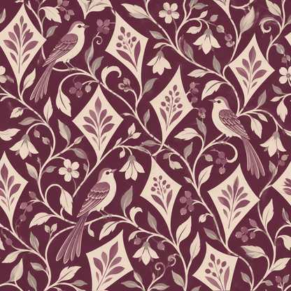 Overall pattern flow with repeated motifs of birds and floral diamonds on plum background.