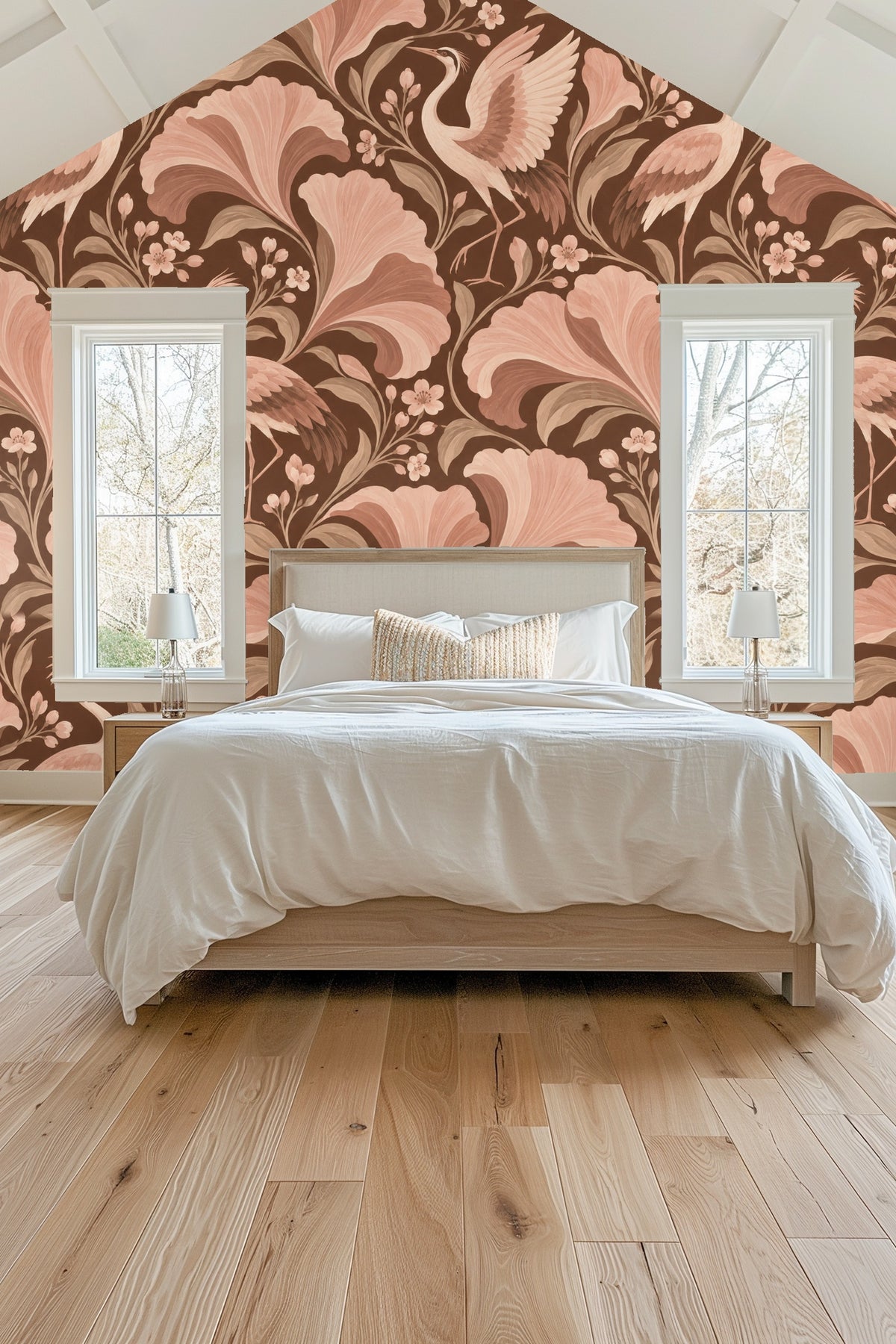 Entryway with arched niche featuring Cocoa Crane Flourish wallpaper behind a round mirror and bench.