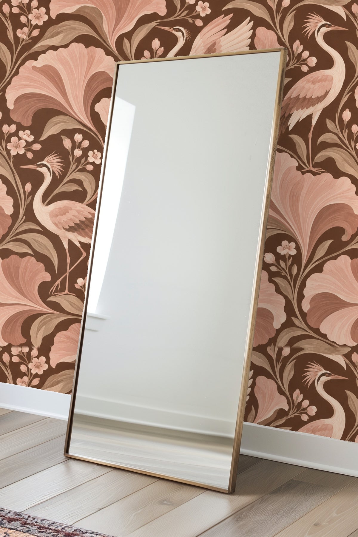 Wallpaper pattern emphasizing the blending of blush and brown brush strokes in leaf motifs.