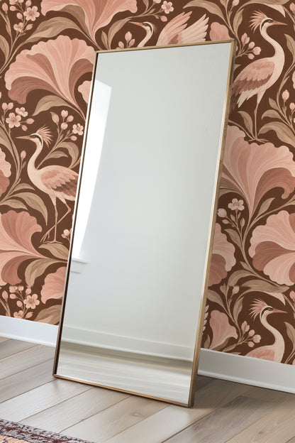 Wallpaper pattern emphasizing the blending of blush and brown brush strokes in leaf motifs.