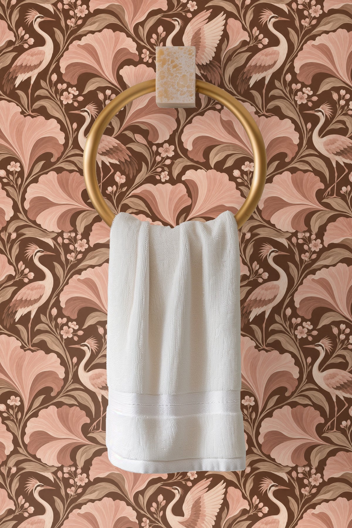 Bird crest feather detail and delicate flower buds in wallpaper design.