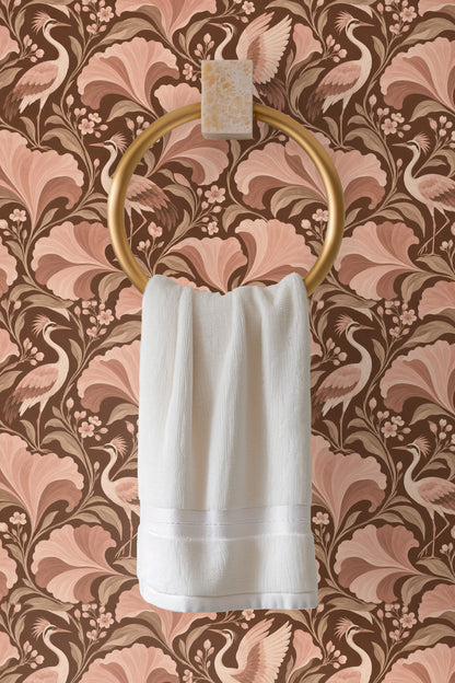 Bird crest feather detail and delicate flower buds in wallpaper design.