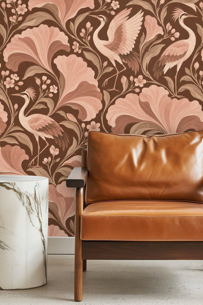 Large floral shapes and cranes wrapping around staircase hallway wall.