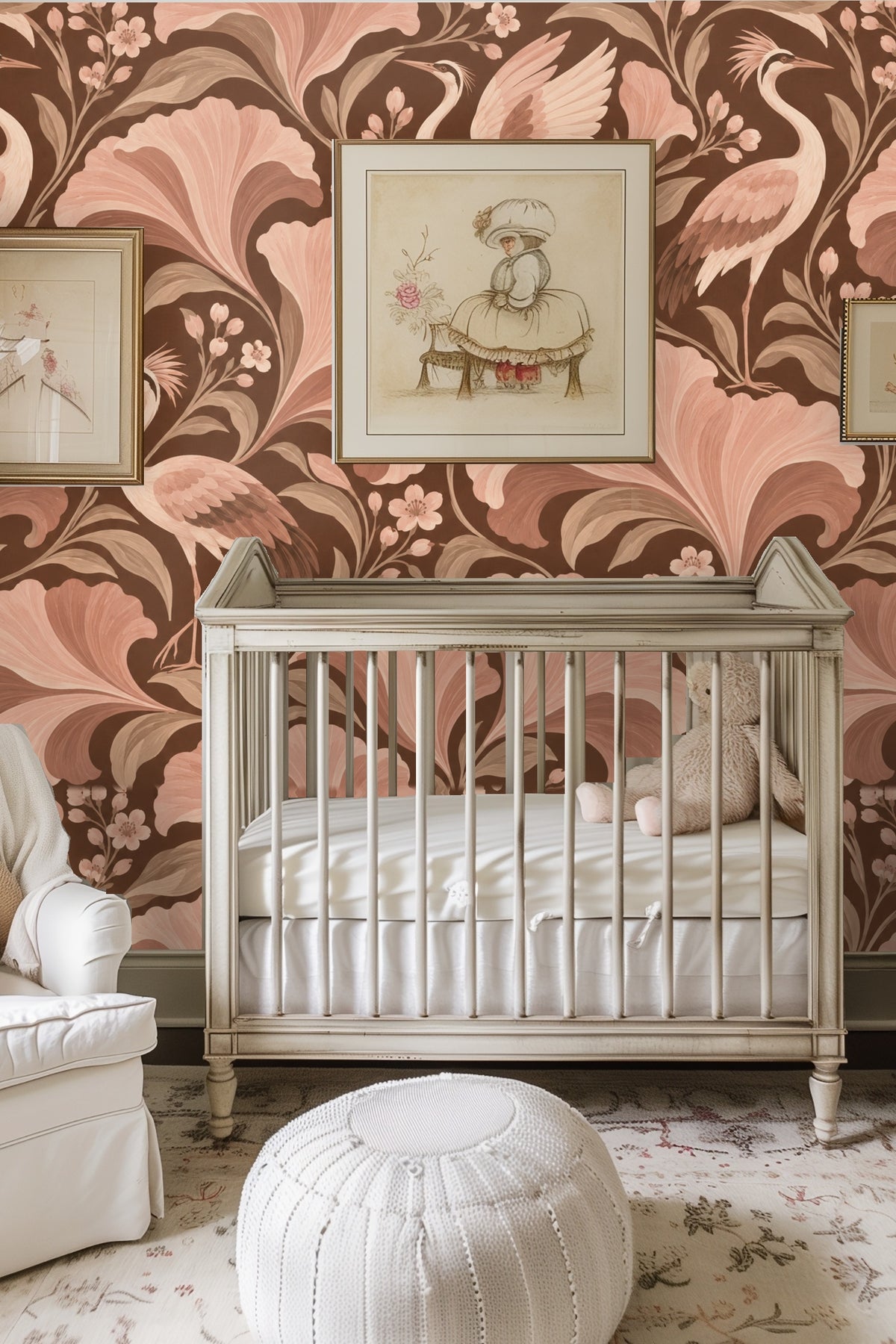 Close-up of crane and floral details in the blush and brown patterned wallpaper.